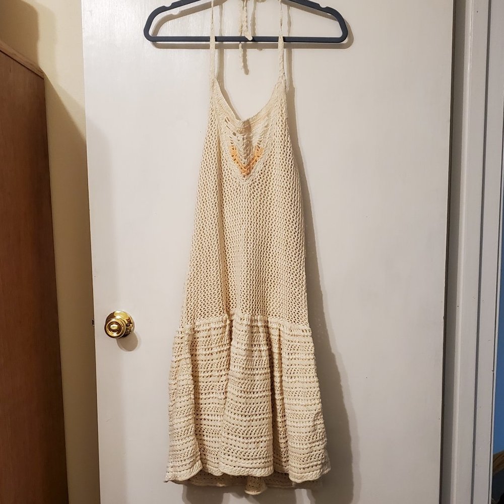 Moda International Cream Crochet Halter Dress Sz M